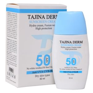 کرم ضد آفتاب بیرنگ تاجینادرم SPF 50 مدل Dry مناسب برای پوست خشک محافظ UVA/UVB حجم 50 میلیلیتر